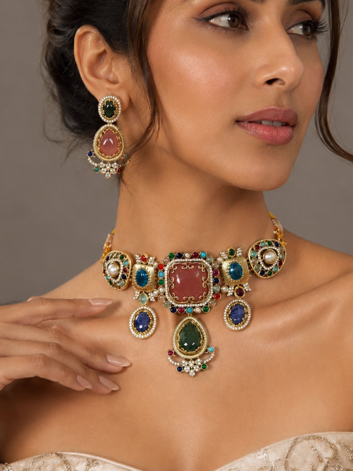 Gold plated Navratna stone pendant necklace set with matching earrings — festive Indian jewelry by Abdesigns