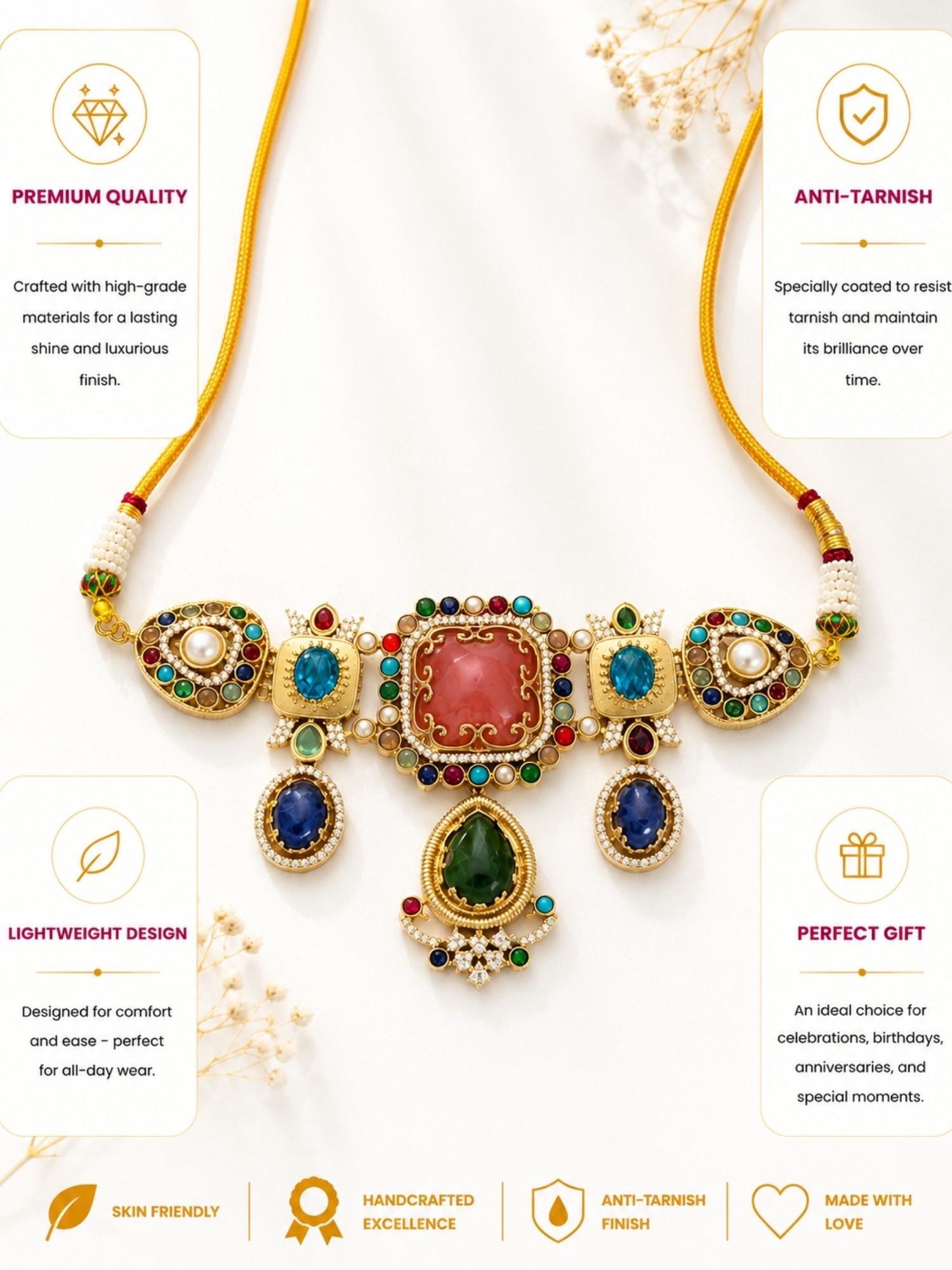 Navratna multicolor stone necklace set — handcrafted festive jewelry by Abdesigns
