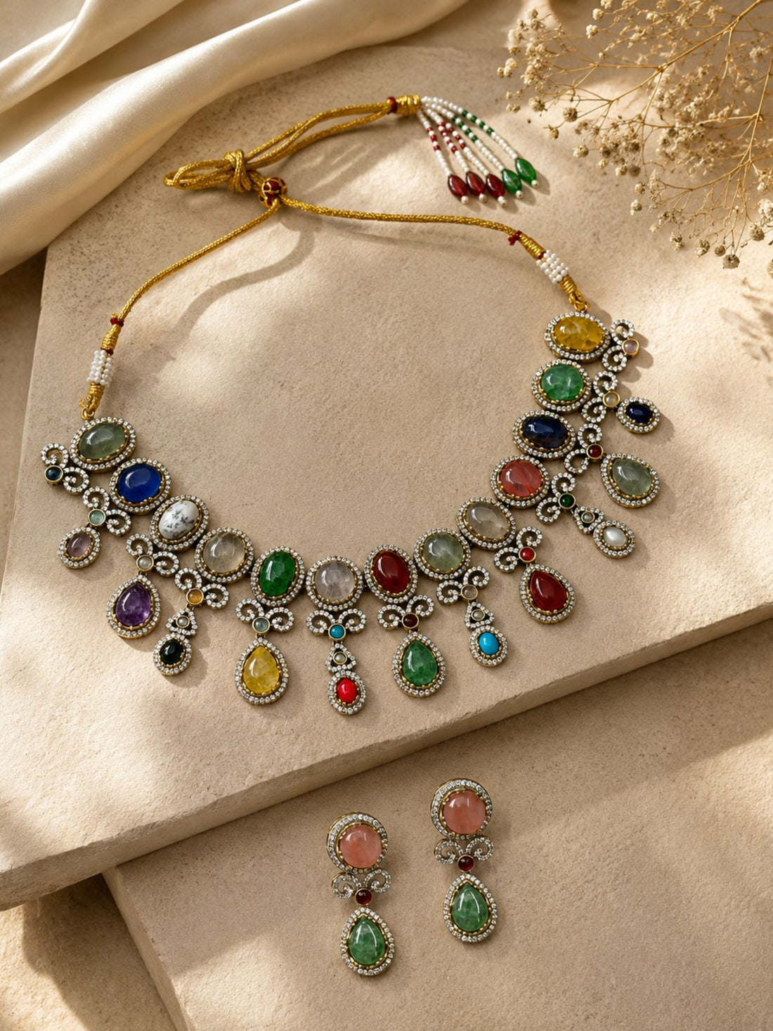 Emerald green pendant necklace set with American diamonds — party and wedding jewelry by Abdesigns