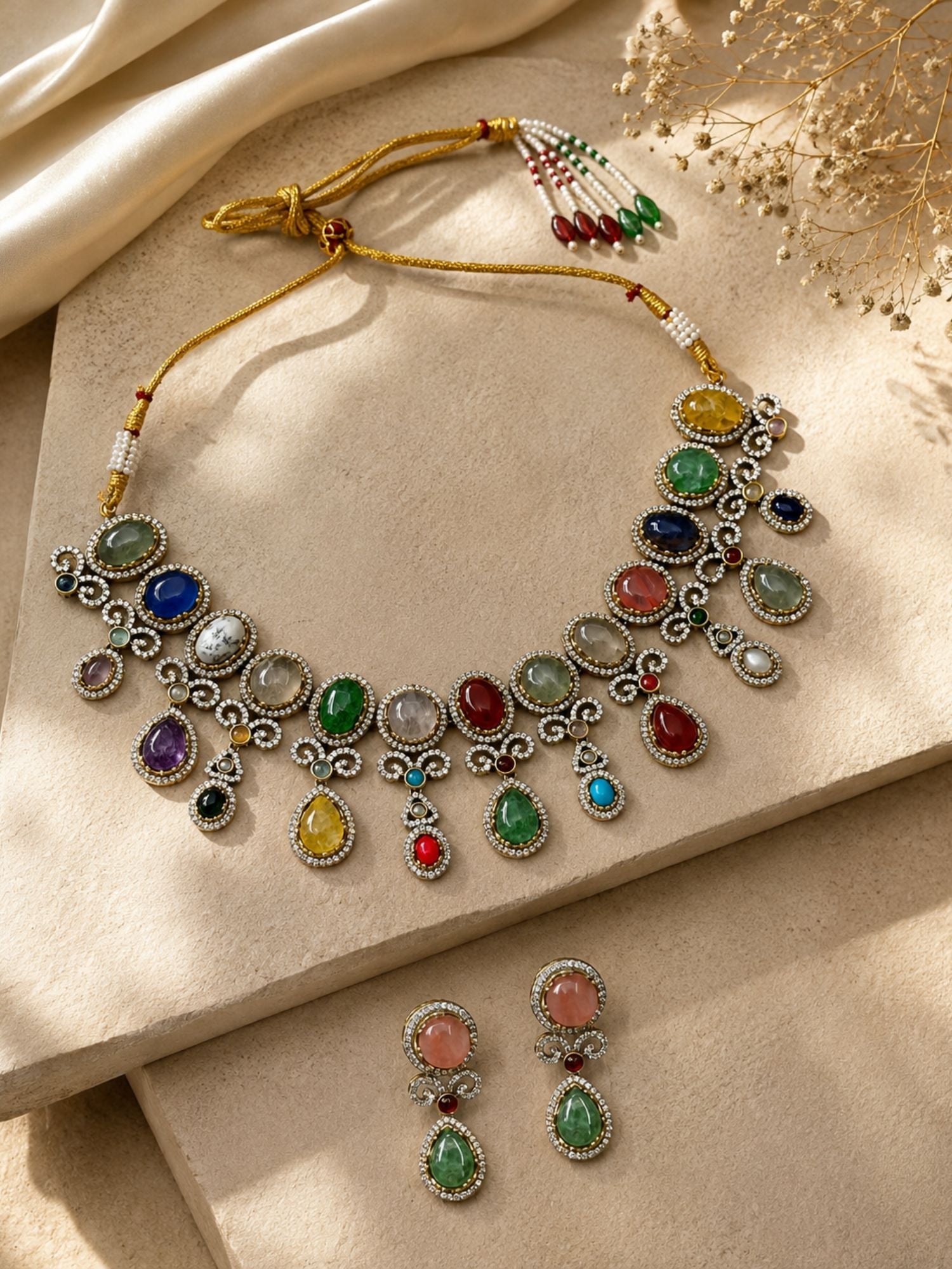 Emerald green American diamond necklace set worn on model — evening jewelry by Abdesigns