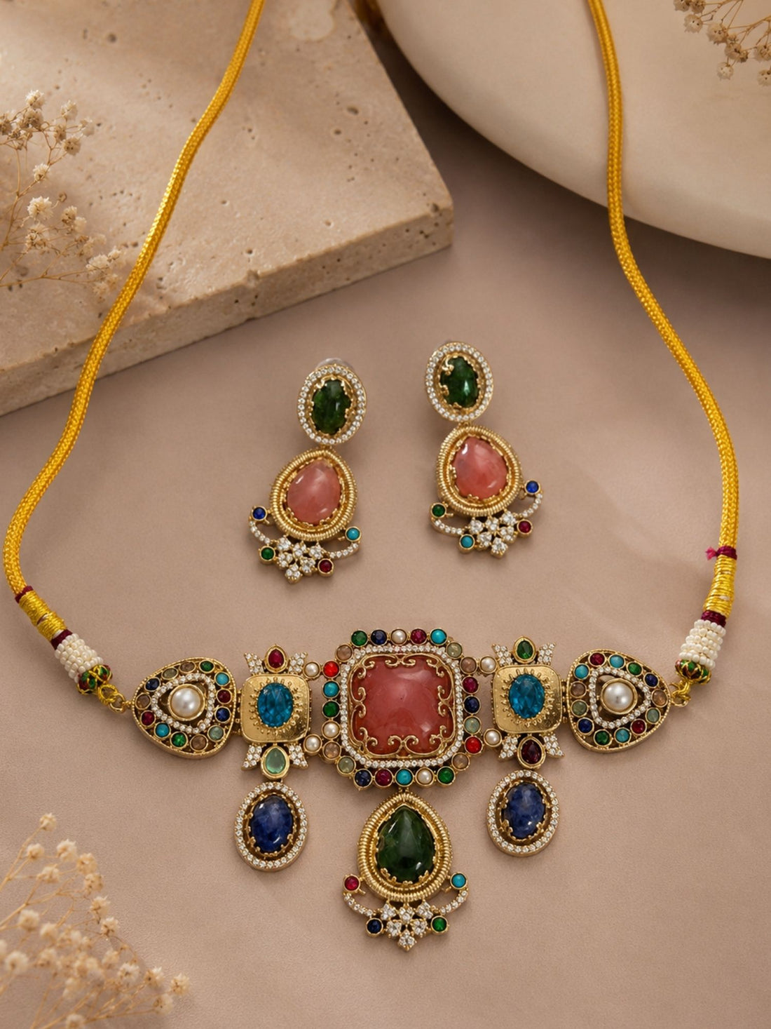 Gold plated Navratna stone pendant necklace set with matching earrings — festive Indian jewelry by Abdesigns