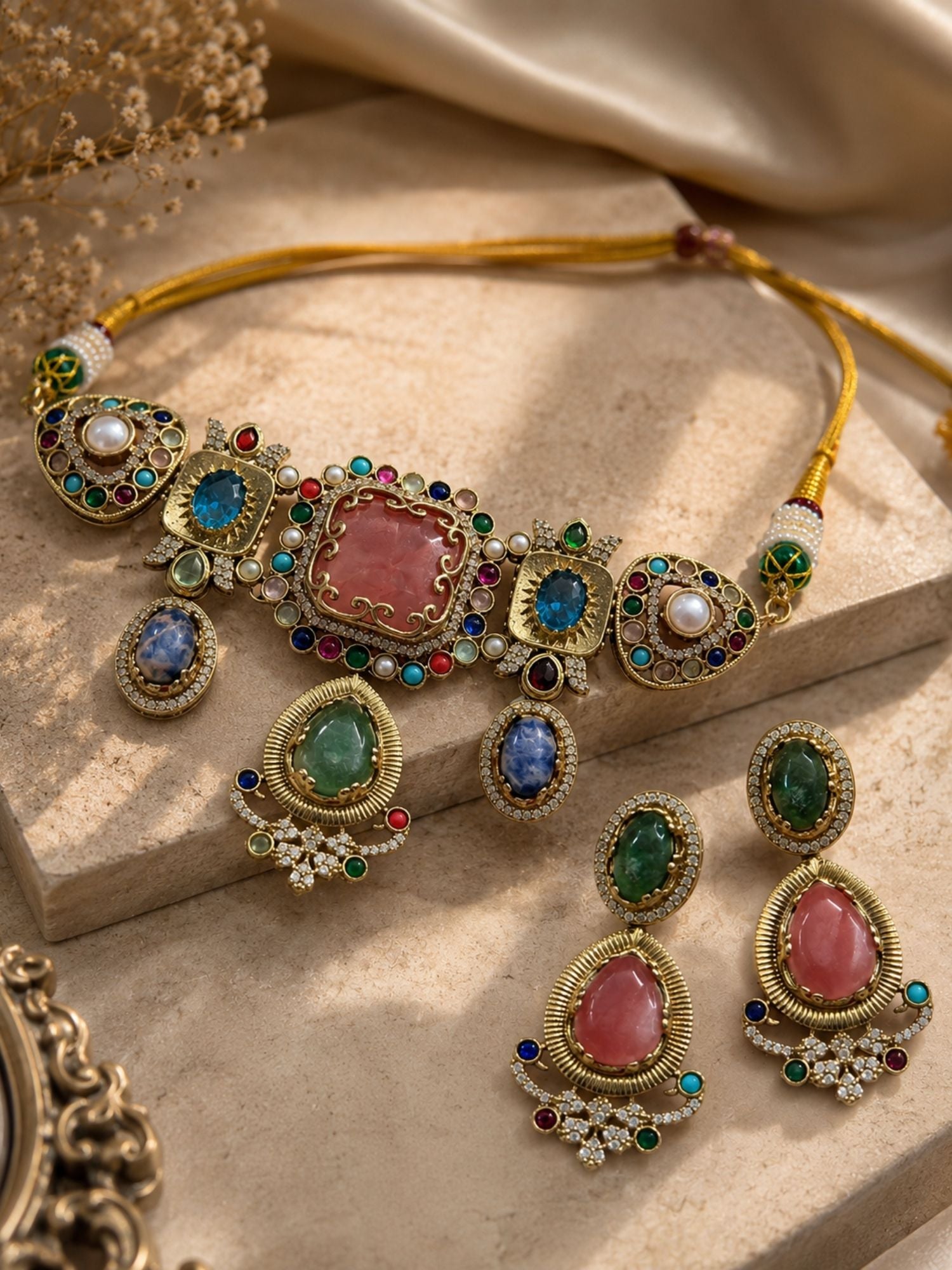 Gold plated Navratna necklace and earrings set side view — Indian wedding jewelry by Abdesigns