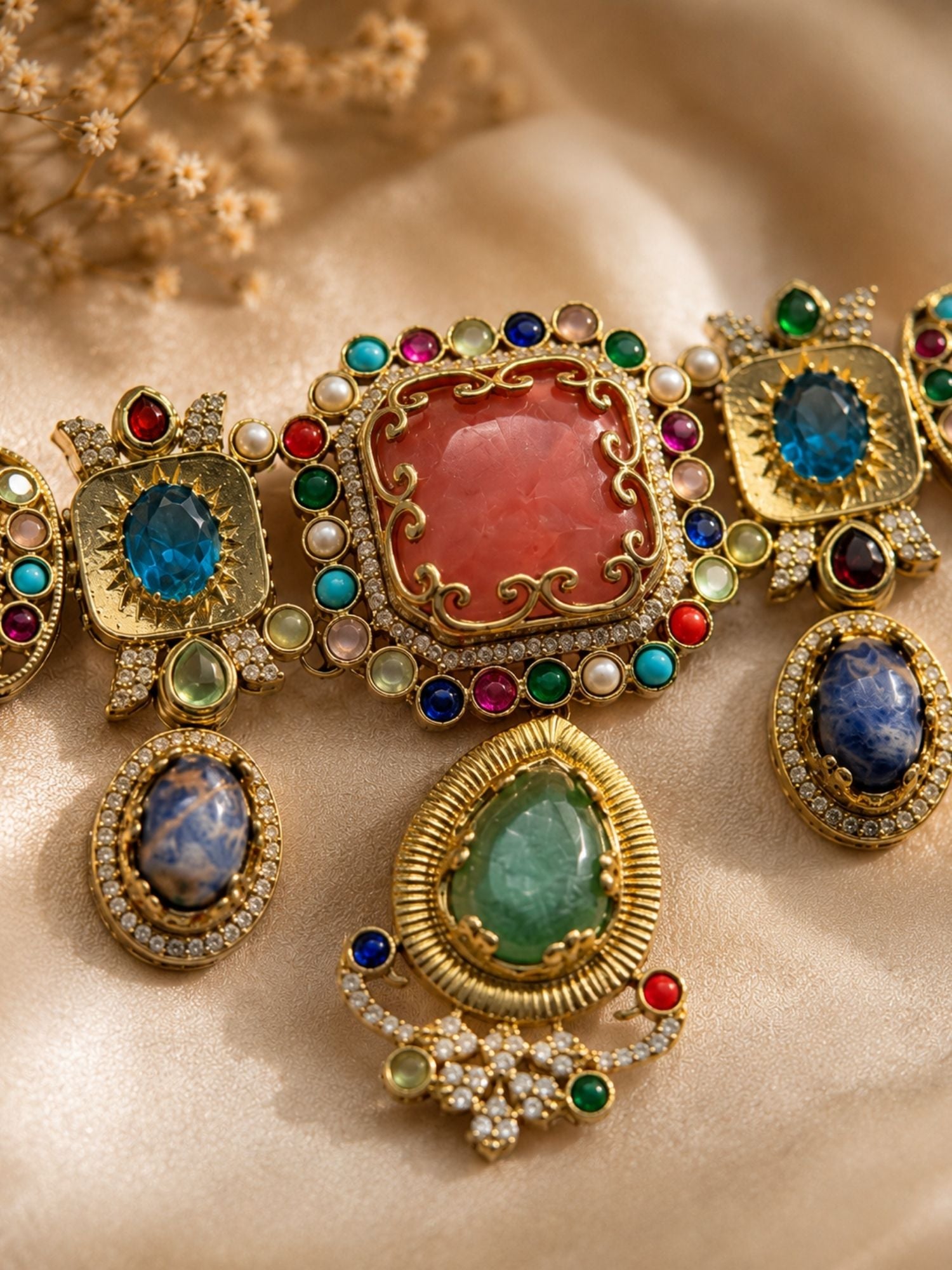 Gold plated Navratna necklace set detail — traditional Indian jewelry by Abdesigns