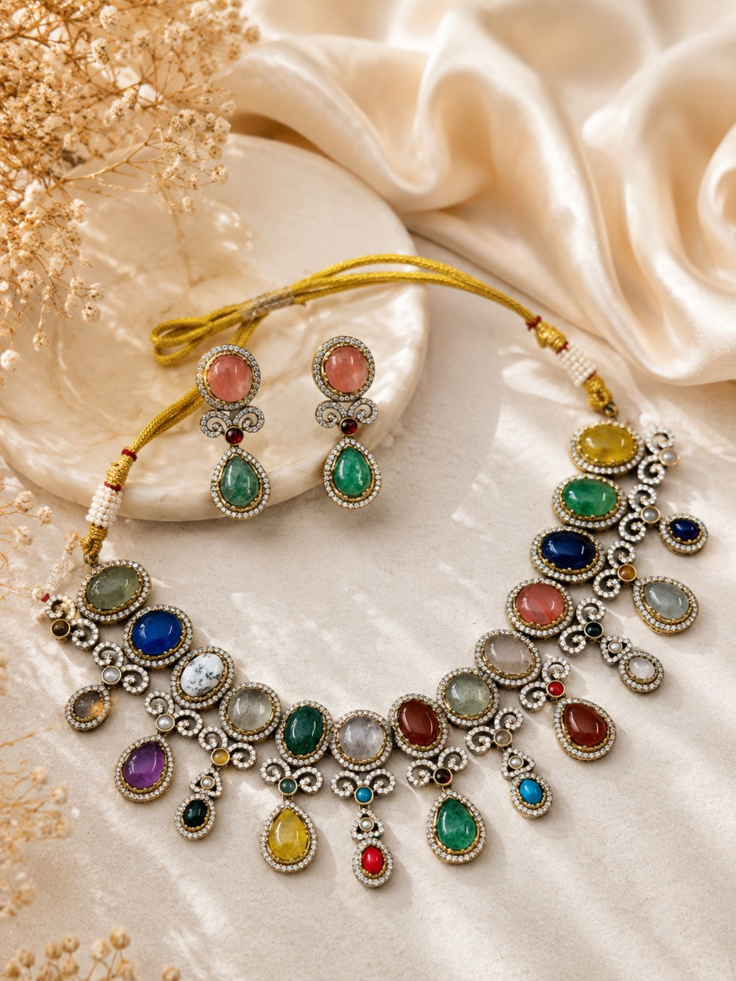 Emerald green American diamond necklace set — elegant party jewelry by Abdesigns