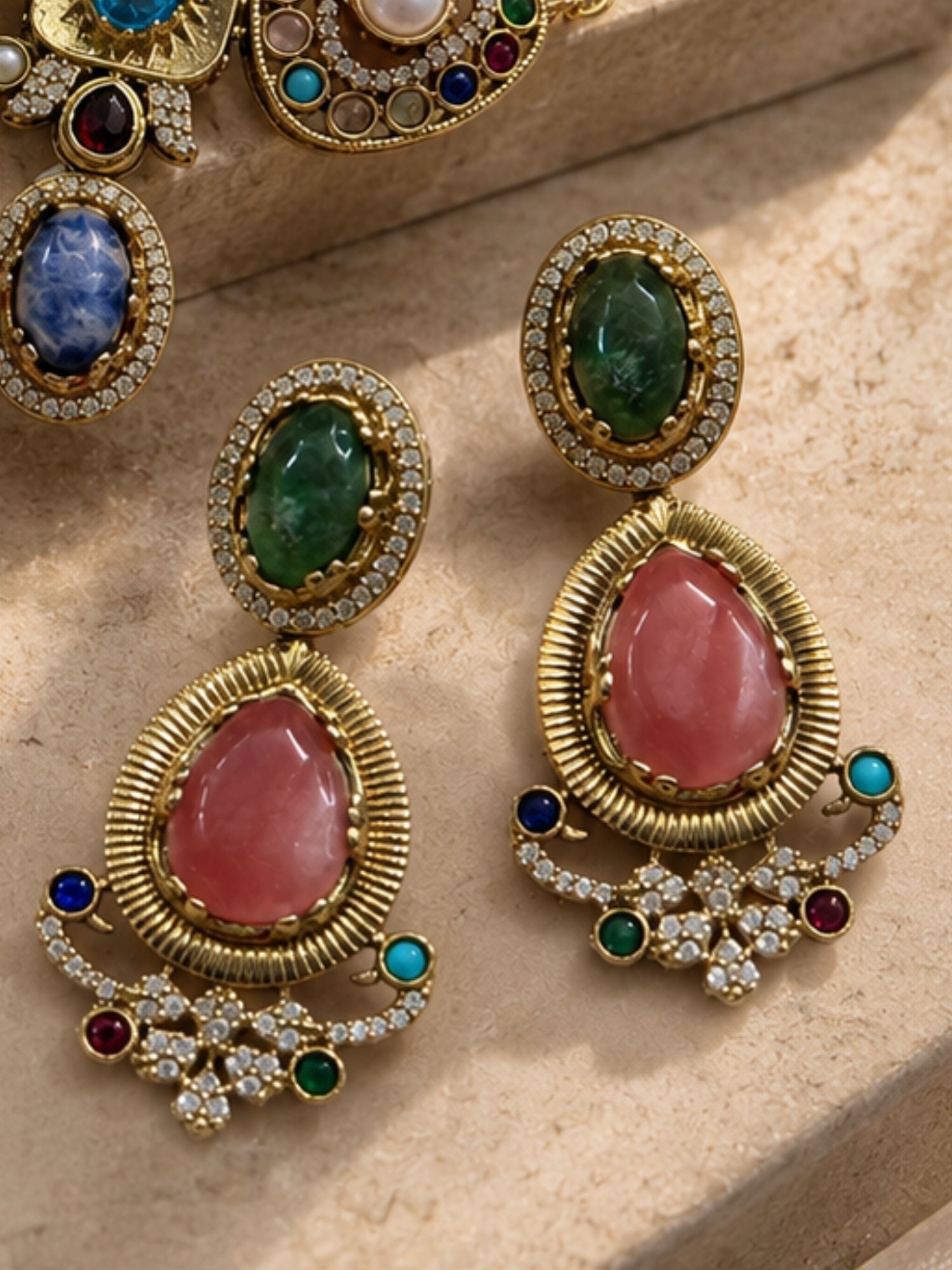 Navratna stone pendant necklace set close up — bridal festive jewelry by Abdesigns