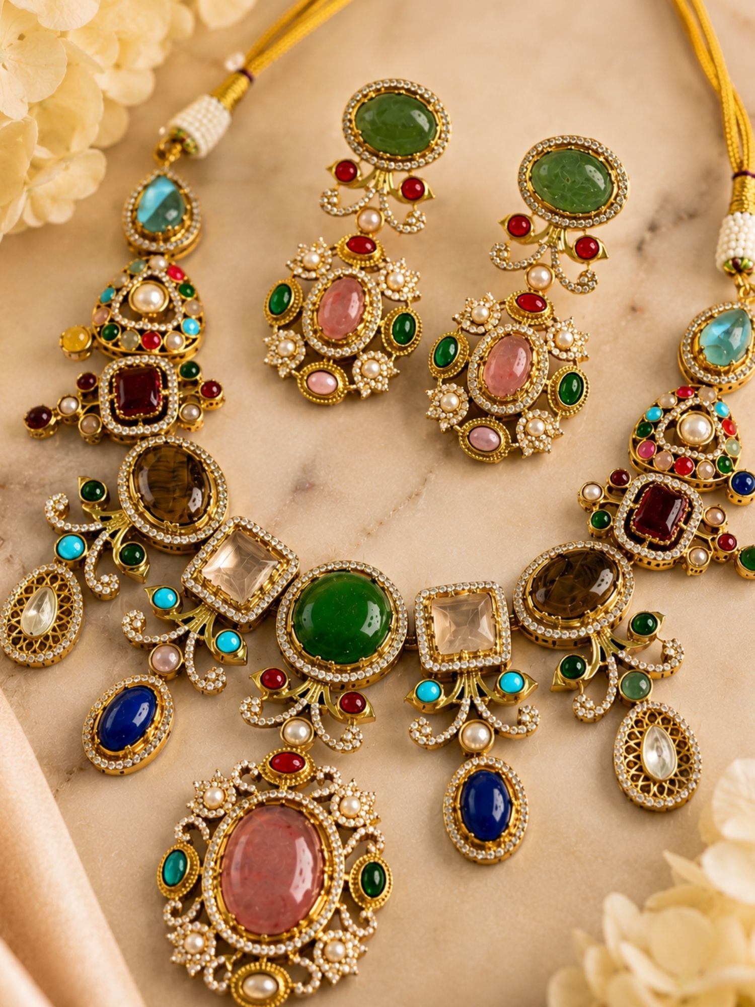 Multicolor stone necklace set worn on model — bridal festive necklace by Abdesigns