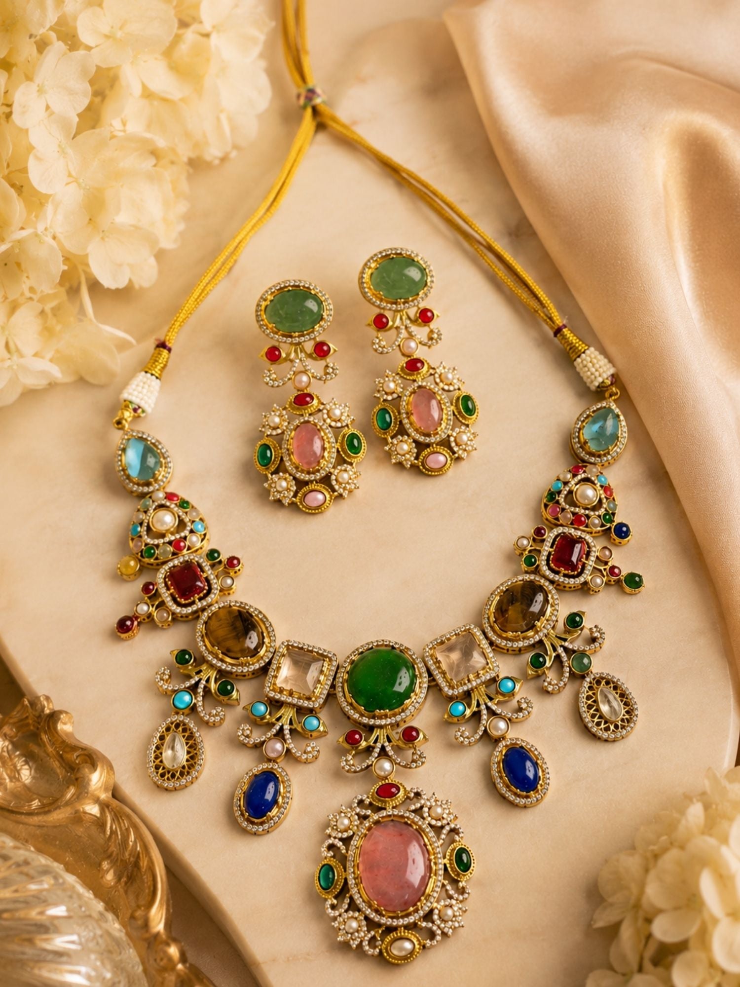 Multicolor stone necklace and earrings set — handcrafted Indian jewelry by Abdesigns
