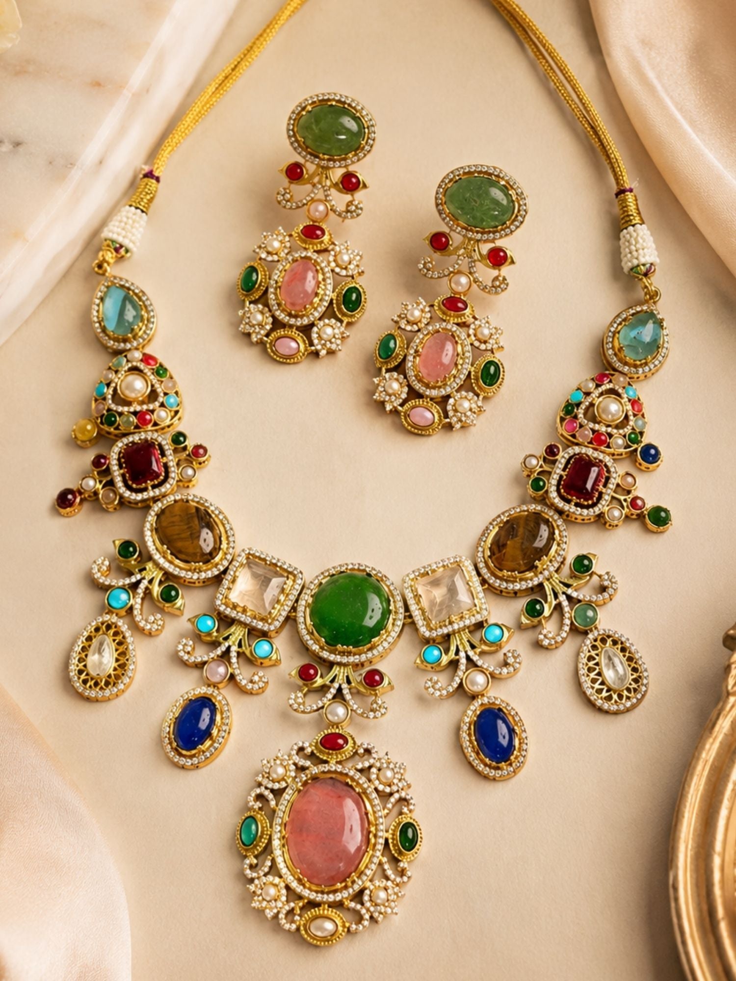 Multicolor stone choker necklace set close up — wedding jewelry by Abdesigns