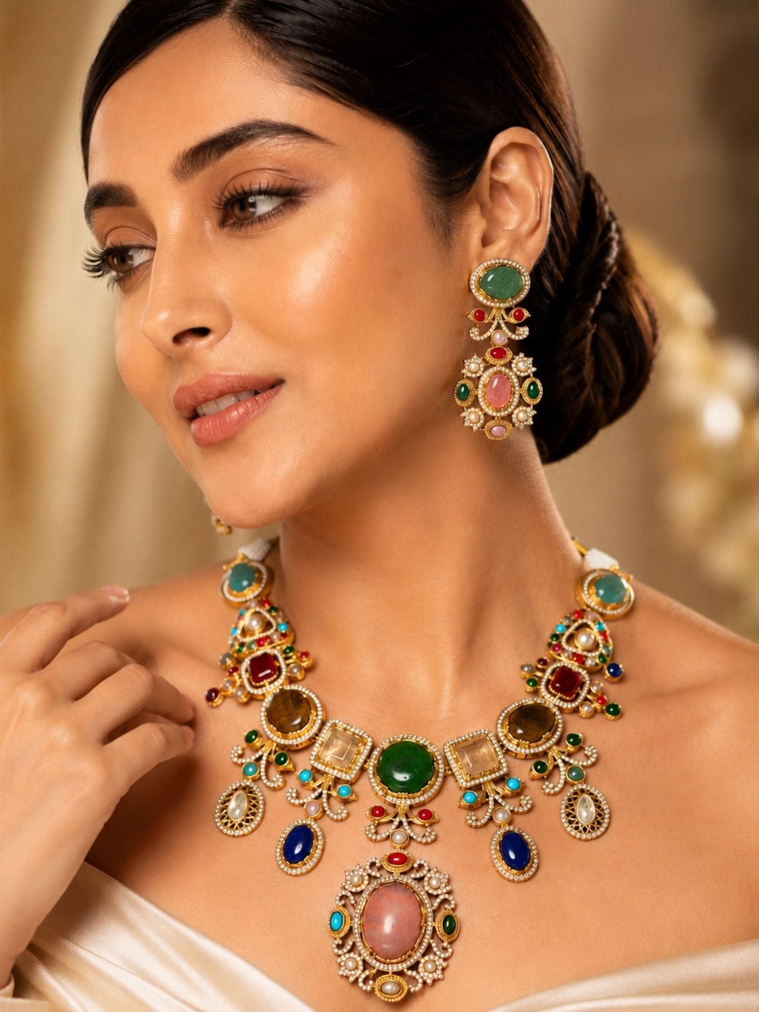 Multicolor stone pendant necklace set side view — festive Indian necklace by Abdesigns