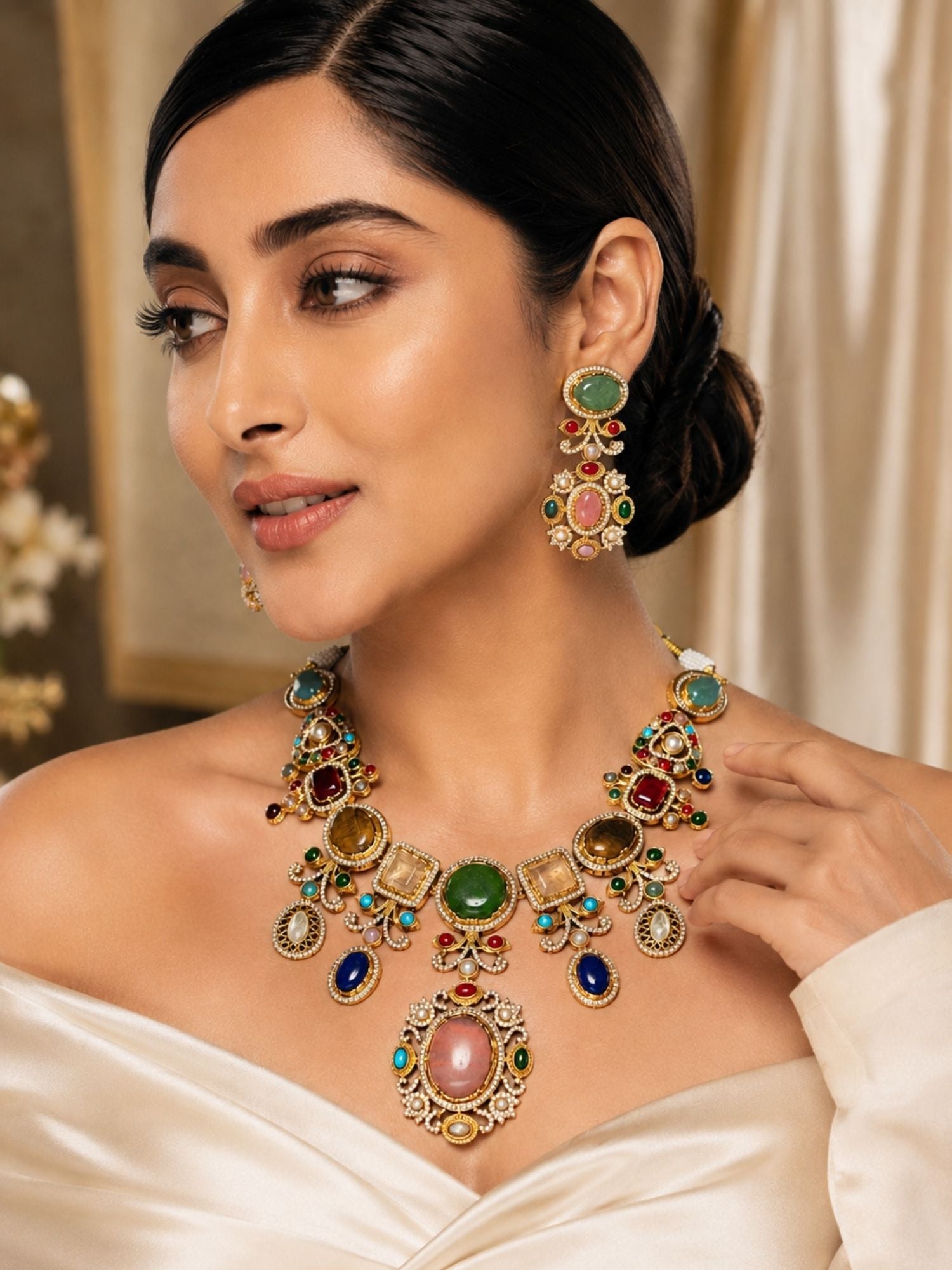 Multicolor stone pendant choker necklace set with matching earrings — festive Indian jewelry by Abdesigns
