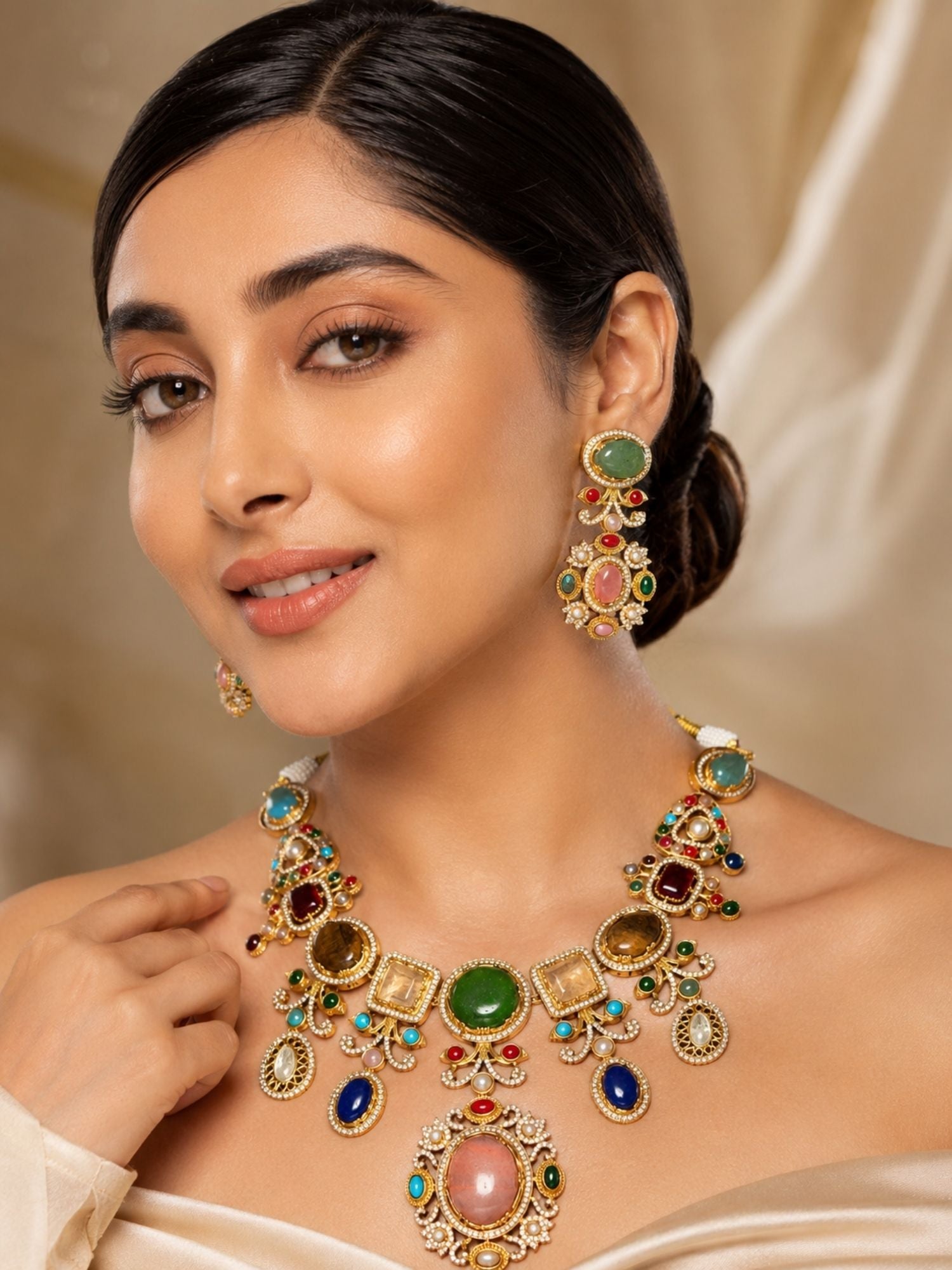 Antique gold-tone multicolor stone necklace set detail — traditional Indian jewelry by Abdesigns