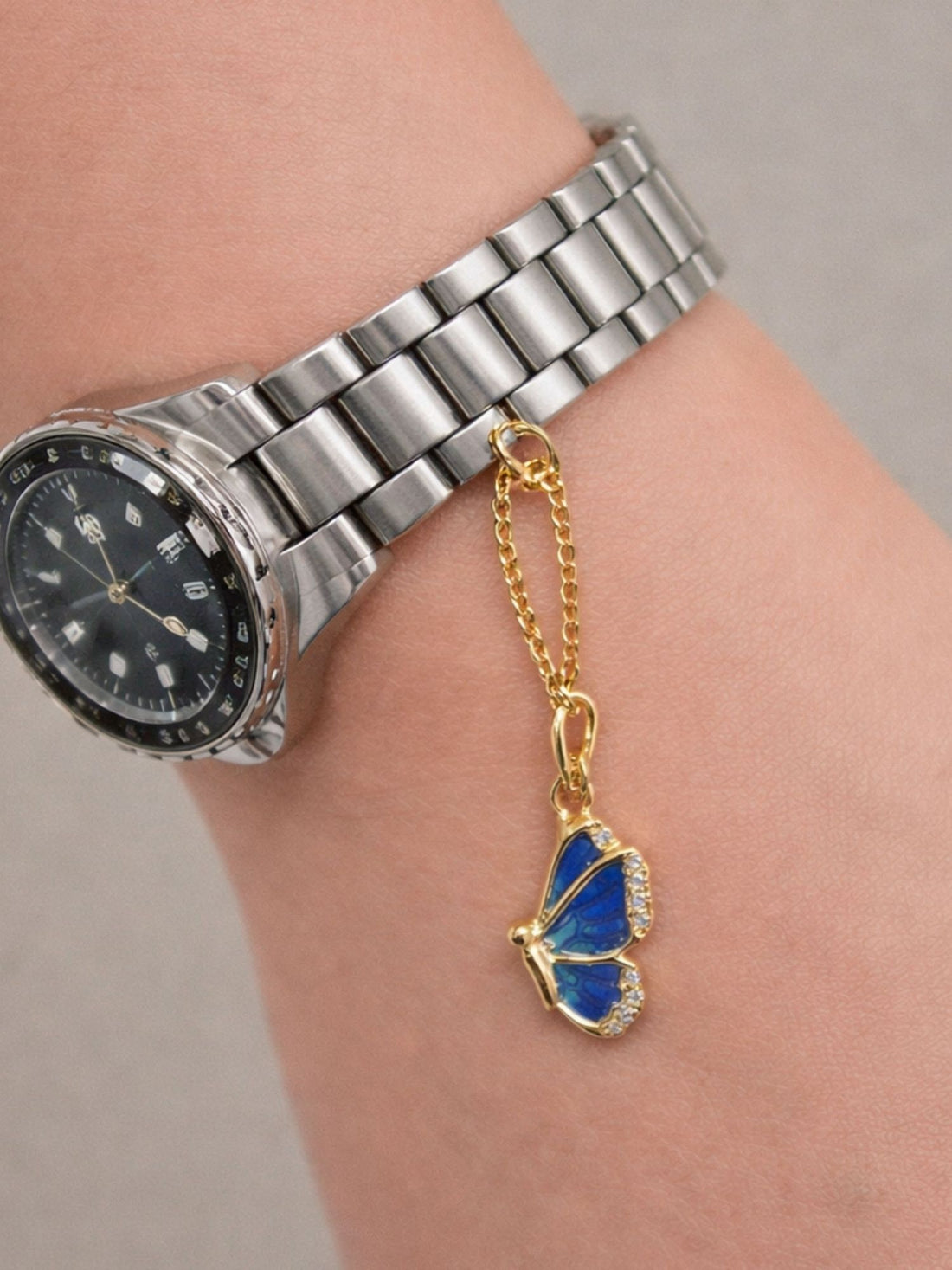 Blue butterfly crystal watch charm 925 sterling silver gold plated clip on pendant for watch bracelet bag