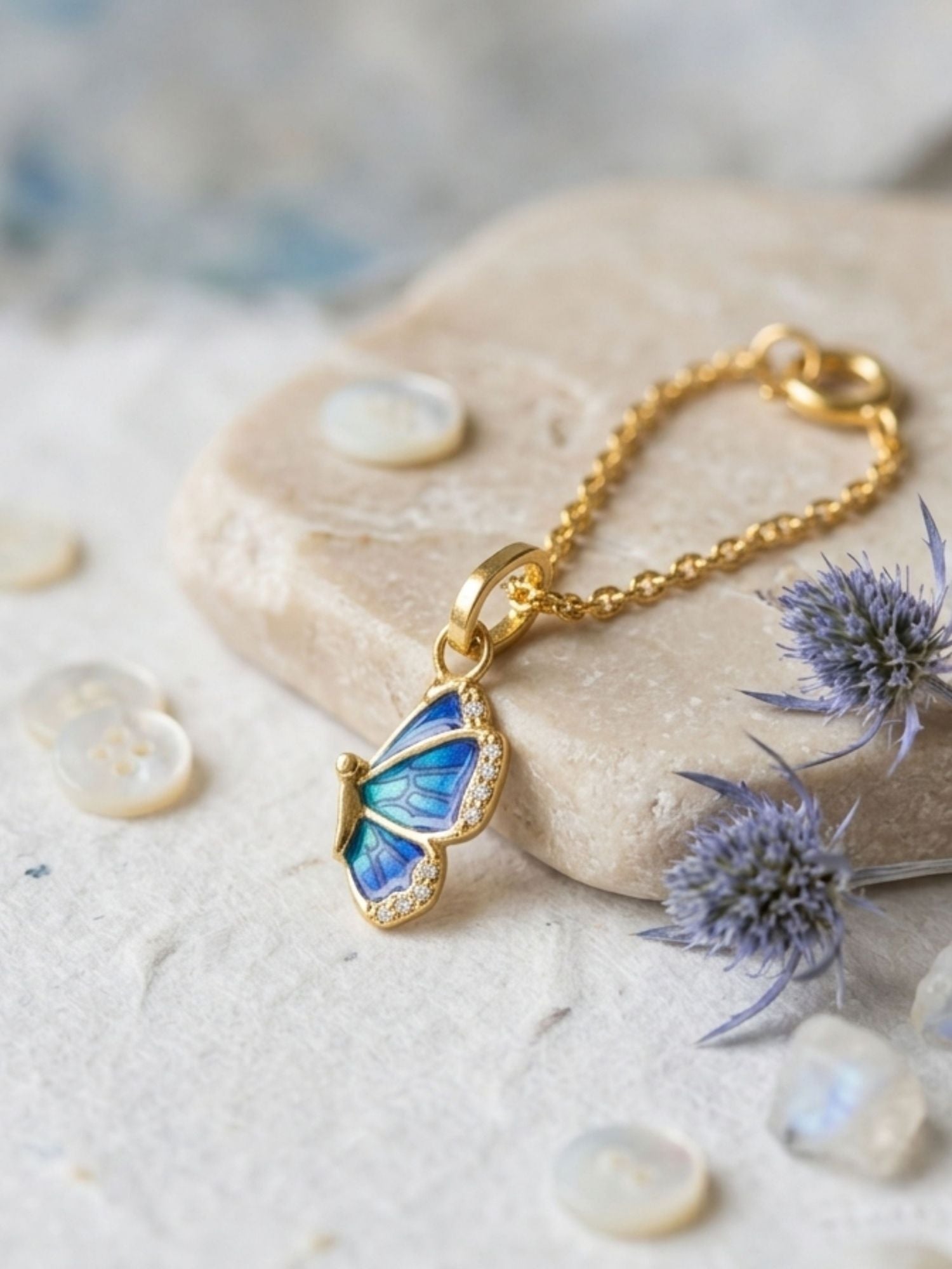 Blue butterfly crystal watch charm on bag - 925 sterling silver gold plated - Abdesigns