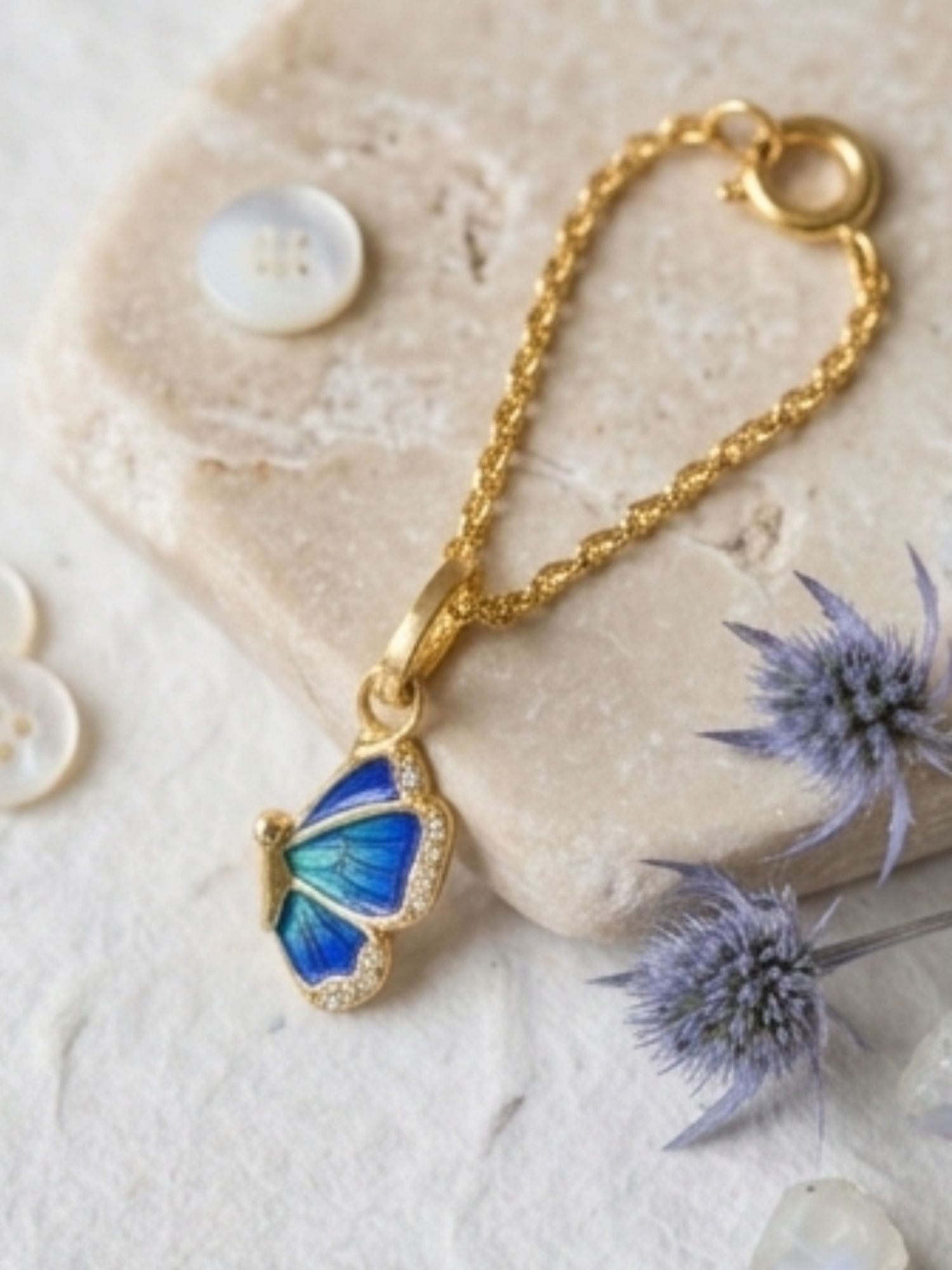 Blue butterfly crystal watch charm detail - 925 sterling silver gold plated - Abdesigns