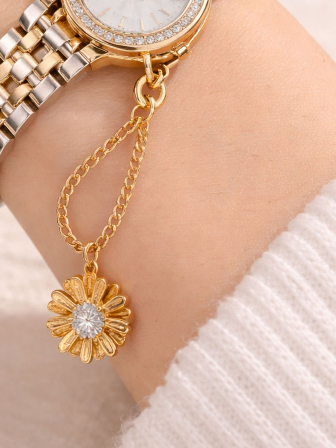 Daisy flower crystal watch charm 925 sterling silver gold plated clip on pendant for watch bracelet