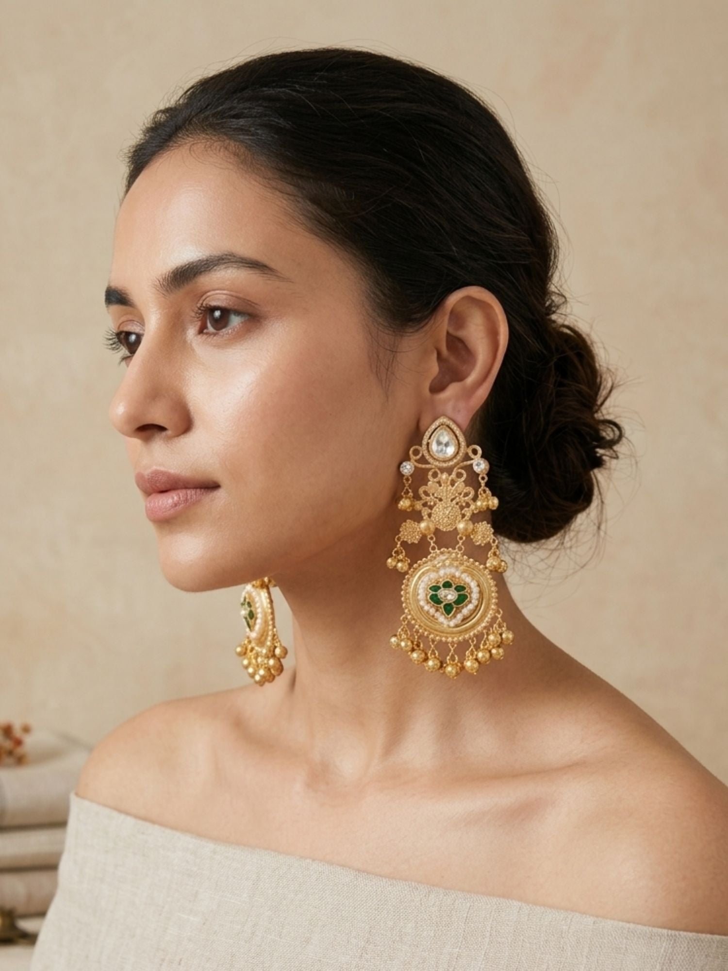 Gold plated Chandbali earrings with green stones and peacock motif — Indian wedding earrings by Abdesigns