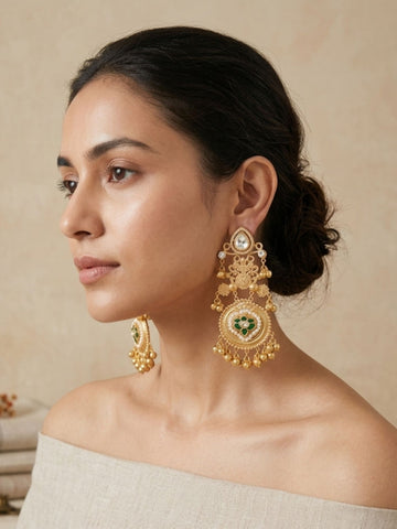 Gold plated Chandbali earrings with green stones and peacock motif — Indian wedding earrings by Abdesigns