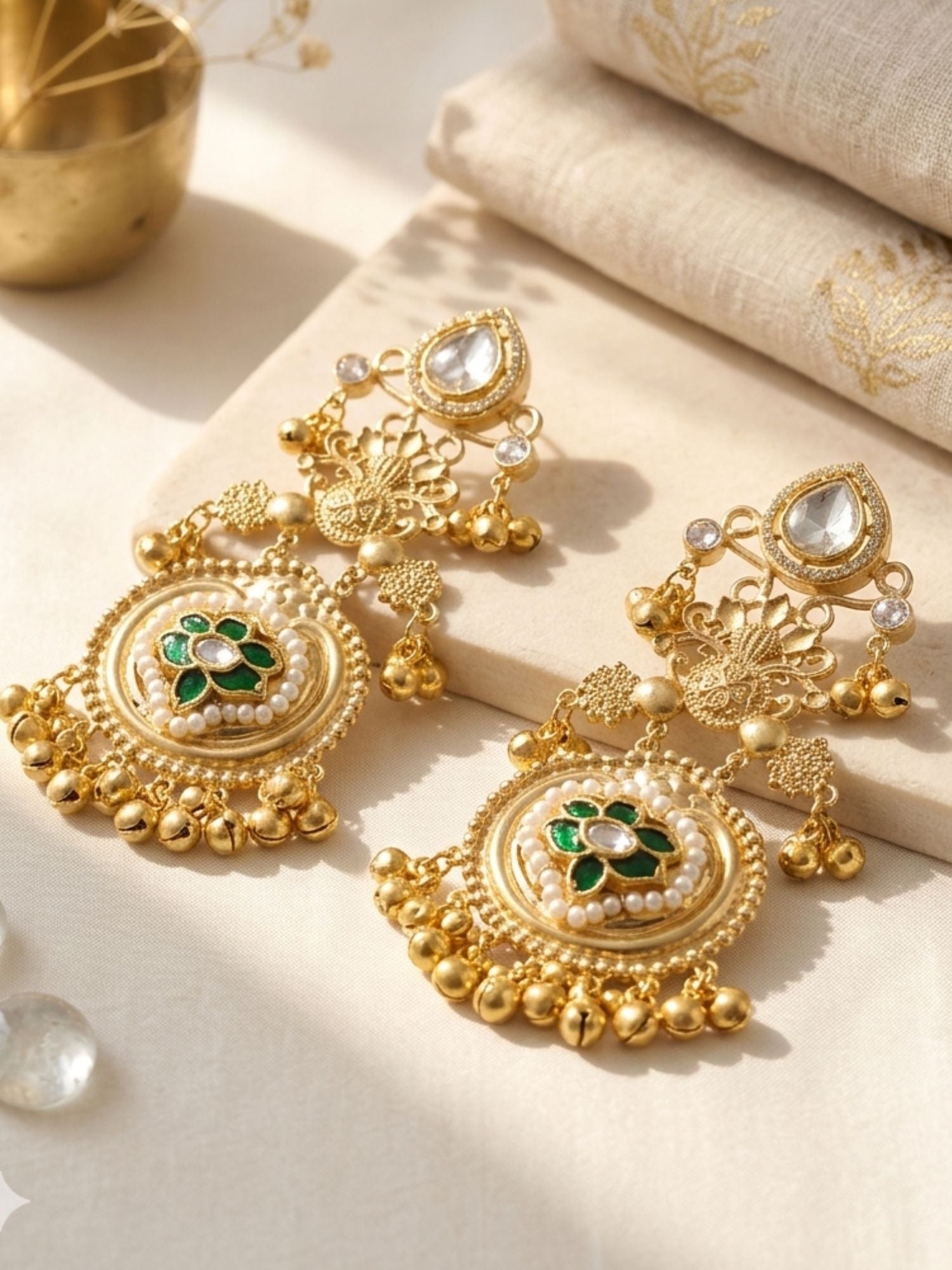 Green stone Chandbali earrings shown on model — wedding guest earrings by Abdesigns