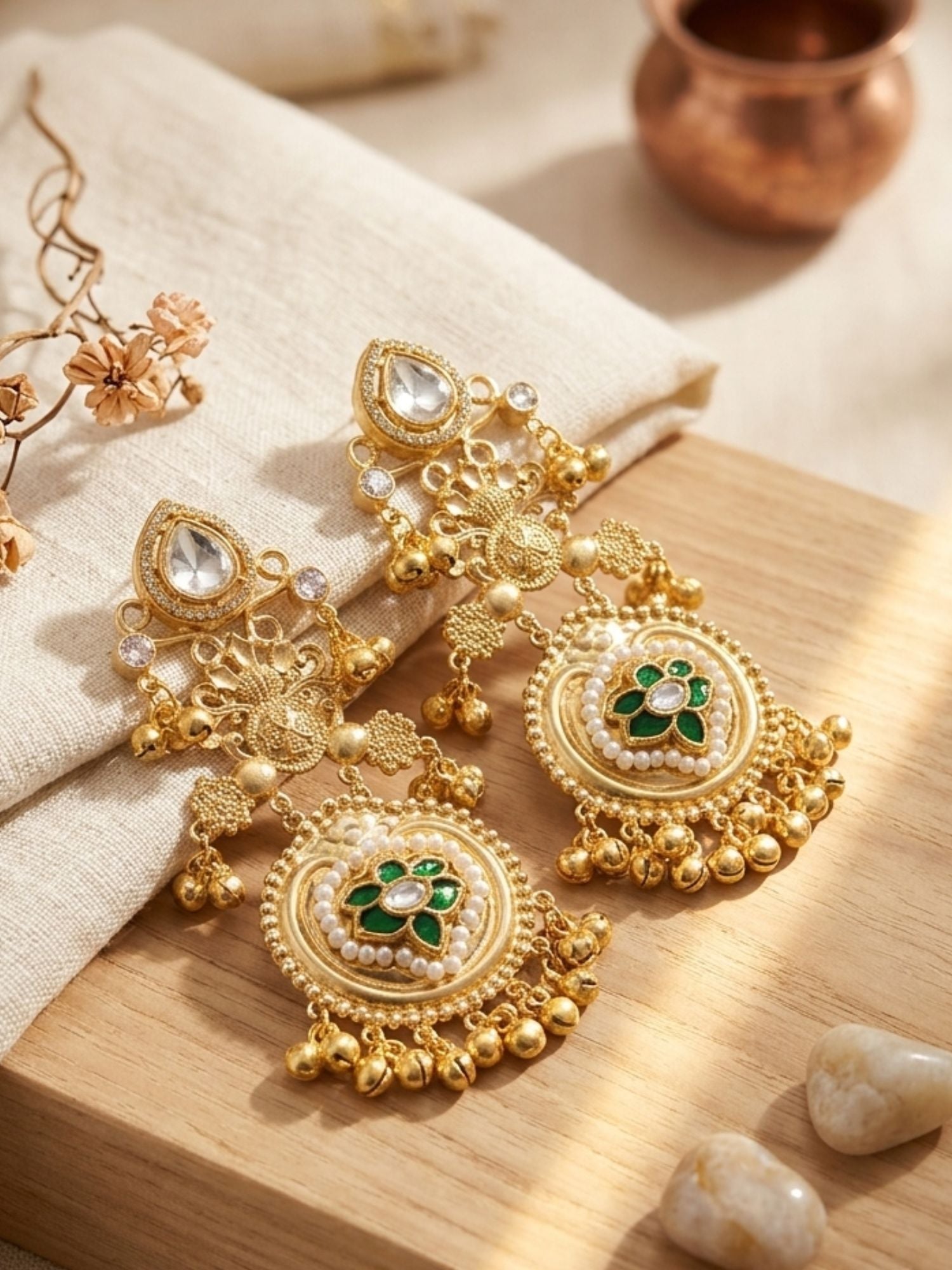 Gold plated peacock Chandbali earrings detail — statement Indian earrings by Abdesigns