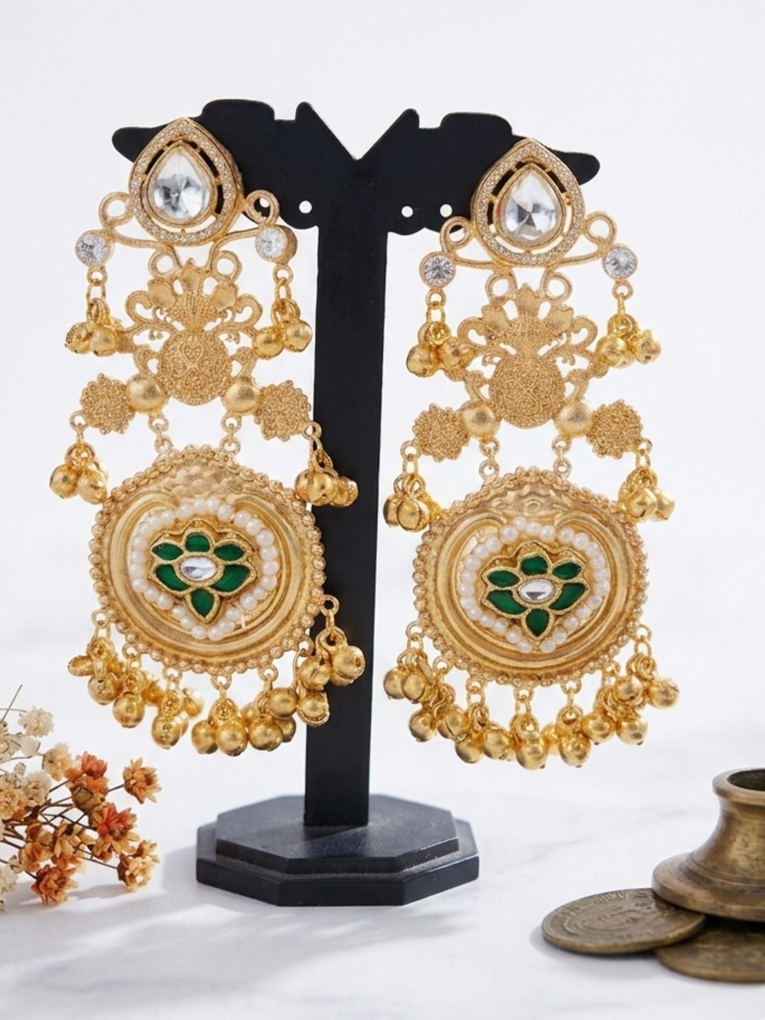 Chandbali gold plated earrings side view — festive wedding earrings by Abdesigns