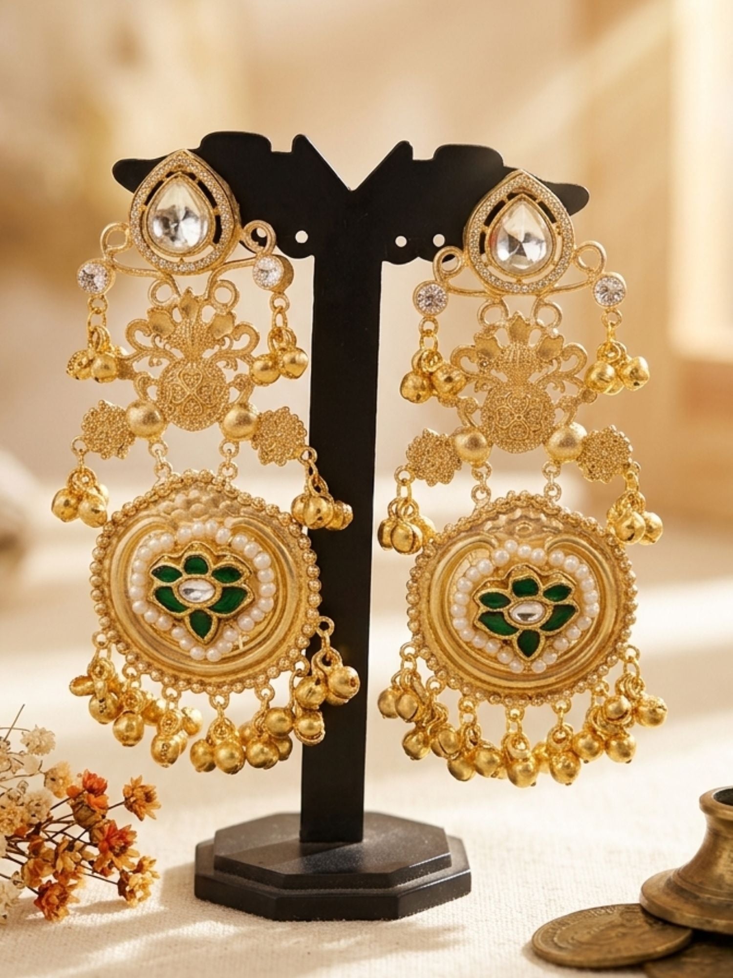 Chandbali gold plated drop earrings with bead tassels — festive Indian earrings by Abdesigns